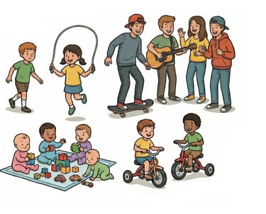 Des personnages représentant des jeunes, du premier âge à l'adolescence