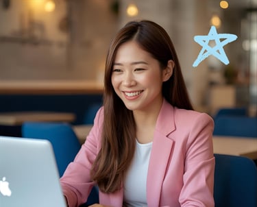 A woman looking into her computer and smiling.