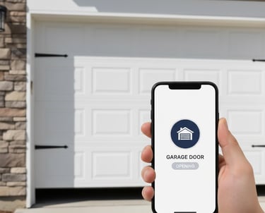 Photo of persons hand holding a phone with a smart opener to open their garage door