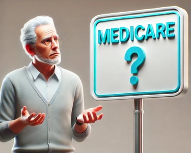 Older man looking at sign saying Medicare with a question mark.