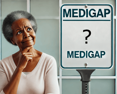 Older woman looking at sign saying Medigap with a question mark.