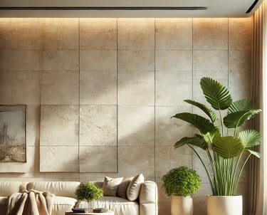 Trawertyn na ścianie w salonie jasny kremowy kamień naturalny