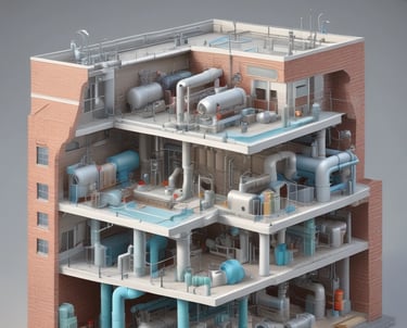 Technical illustration of water flow through pipes in a modern building