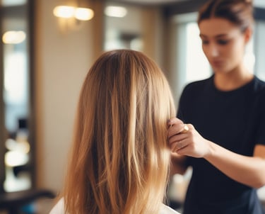 A barbershop or salon setting with black leather chairs and mirrors. The interior features a modern design with sleek lines and minimalist décor, including glass shelves and dark wooden cabinets. The room appears tidy and well-organized, creating a professional and upscale atmosphere.
