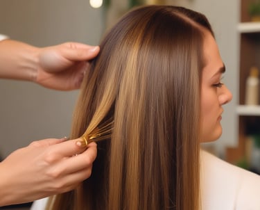 A barbershop or salon setting with black leather chairs and mirrors. The interior features a modern design with sleek lines and minimalist décor, including glass shelves and dark wooden cabinets. The room appears tidy and well-organized, creating a professional and upscale atmosphere.