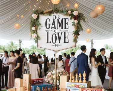 Décoration de mariage et invités lors d'un vin d'honneur. des jeux géants en bois sont proposés