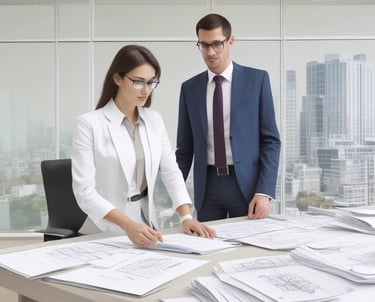 A view of the upper floors of a light-colored building with multiple windows and ornate architectural details. A red and white 'For Sale' sign with contact information is visible on the building's facade. The building is surrounded by greenery, and there are overhead utility lines. The sky above is partly cloudy with patches of blue.
