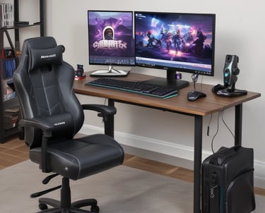 A person is seated on a gaming chair in a dimly lit room with a modern setup that includes a computer, microphone, and multiple screens. The walls are decorated with soundproofing panels and a geometric LED light panel. A framed picture of trees is hung on the wall. The atmosphere suggests a gaming or streaming environment.