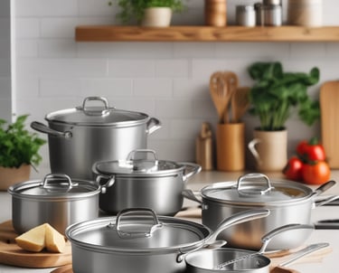 stainless steel cookware on a clean kitchen counter
