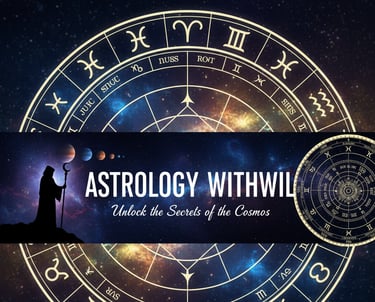 Image for Astrology WithWil, mystical vibe, planetary and zodiacal symbols are used.