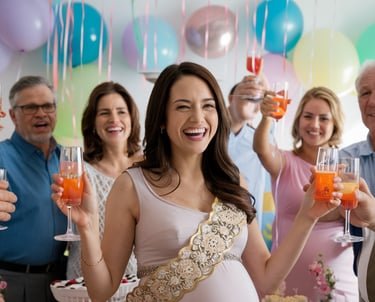 a pregnant woman holding a glass of wine and a champagne flute