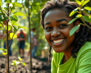une femme souriante tenant une plante dans un jardin