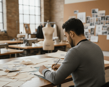 Male fashion designer sketching at a desk in a bright, professional studio.