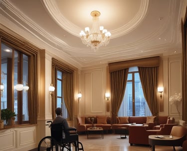 Rollstuhlfahrer in einem großen Raum in einem barrierenfreien Hotel