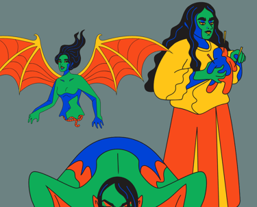 a woman in a red dress and a man in a red dress