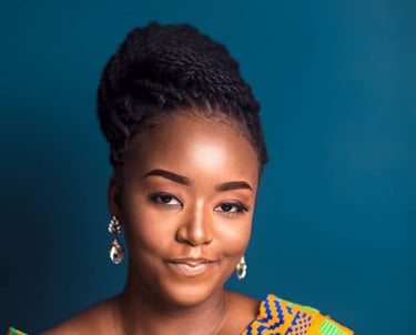 a woman in a yellow dress with a blue background