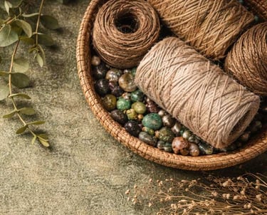 fondo en colores tierra, con flores cecas, plantas, un tazón con cuenta e hilos