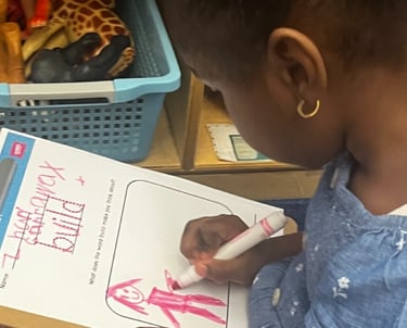 PreK students reflects on an OOPA worksheet.