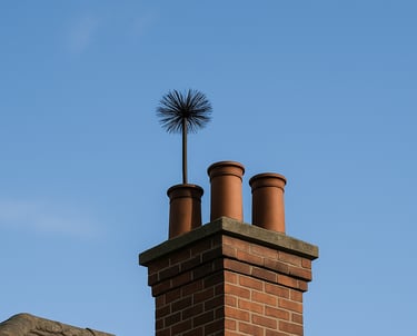 a chimney with a chimney brush on top of a brick building being swept in a clean manner
