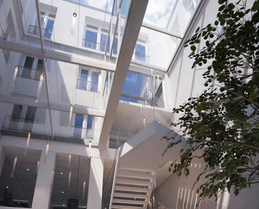 Rendu 3D photoréaliste d’un atrium moderne avec verrière, escalier blanc design, sol en marbre et suspensions lumineuses.