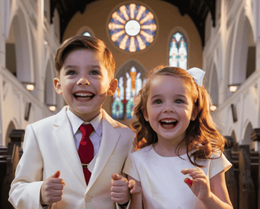 A boy and a girl at their first communion ceremony