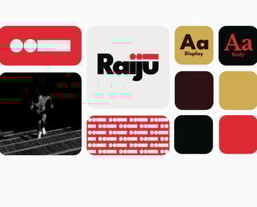 Grid layout of elements of the Raiju brand visual identity