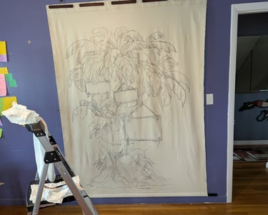 A sized, gessoed, and stretched tapestry ready for paint.