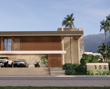 projeto da casa Lewis com painel ripado de madeira