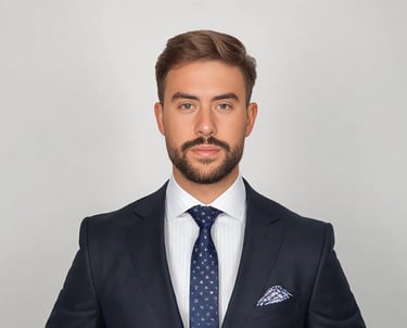 CEO in a suit and tie with a blue tie