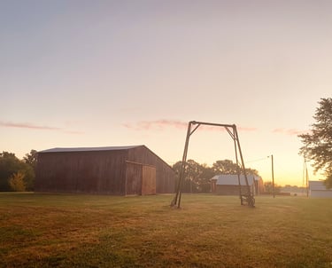 a swing - frame swing set up in front of a small barn Knoxville Illinois