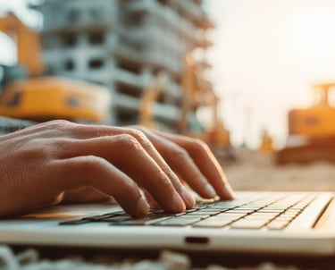 Contractor using a laptop at a construction site, showing digital bookkeeping and job management.