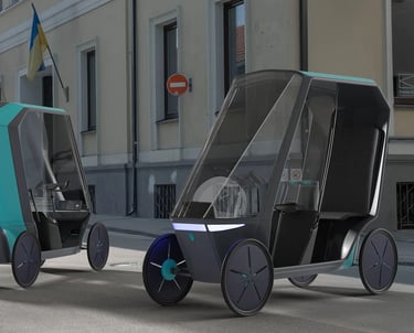 TaxiBike hybrid velomobile navigating urban streets, showcasing carbon-fiber body, modular seating,