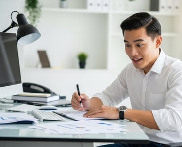 Giovane ragazzo seduto alla scrivania con camicia bianca che ha una illuminazione improvvisa
