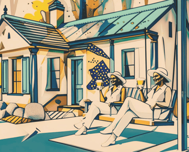 two women sitting on a bench in front of a house