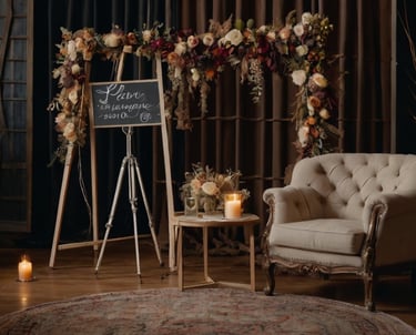 a chair with candles and candles on a wooden floor