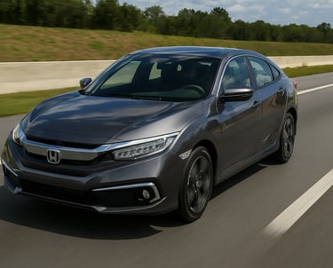 Honda Civic 2017 cinza em movimento em rodovia, com fundo desfocado e luz natural.