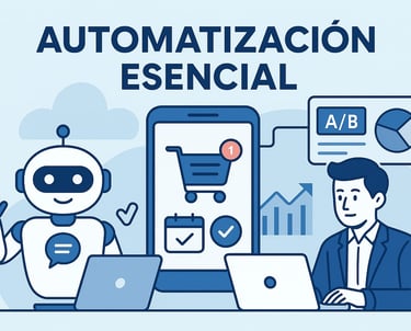 Ilustración de un robot y un profesional usando laptops, con íconos de carrito de compras, calendario y análisis A/B. Represe