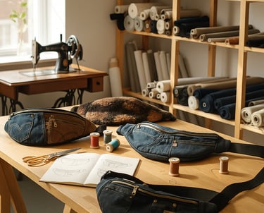 plusieurs sacs banane fait main fait main avec du jean recyclé posés sur une table dans un atelier