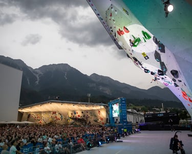 a climber on a climbing wall with a crowd of people watching
