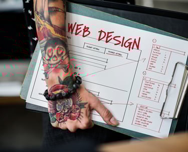 a person with tattoos holding a clipboard with a chart that is labeled web design