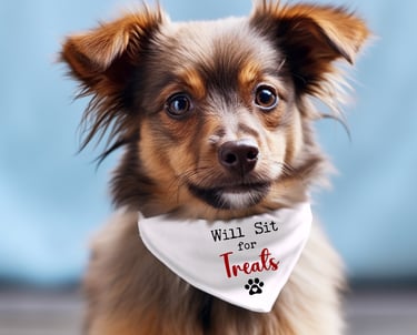 Cute little brown dog wearing a white bandanna what reads "Will Sit for Treats"