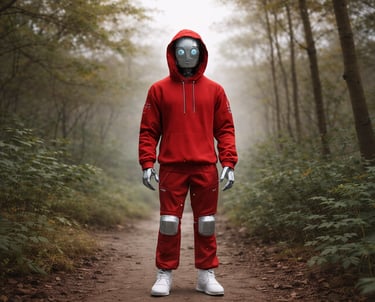 Humanoid figure in a red hoodie on a quiet forest path, reflecting mindful and intentional living.