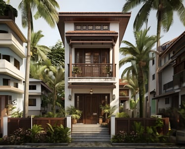 a house with a large balcony and a staircase leading to the front door