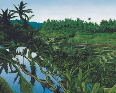 Bali reflections, oil painting  on board ©Ken Pattern