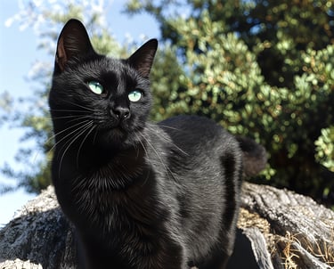 a black cat sitting on a rock in the sun