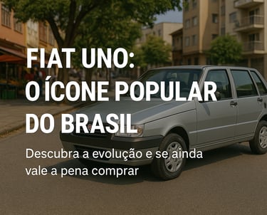 Fiat Uno prata estacionado em rua urbana com chamada sobre sua popularidade no Brasil