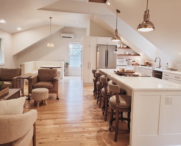 New White Kitchen, white counters, wood floating shelves, ADU renovation