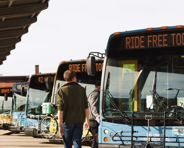 Man walking in front of a line of buses with the bus route sign reading "Ride Free Today"
