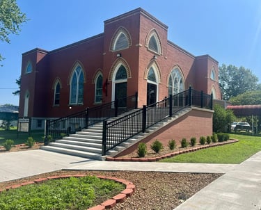 Moran United Methodist Church building new stairs, landscaping, and new sidewalk. May2023