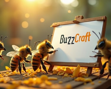 a group of bees are standing in front of a sign that says buzzz